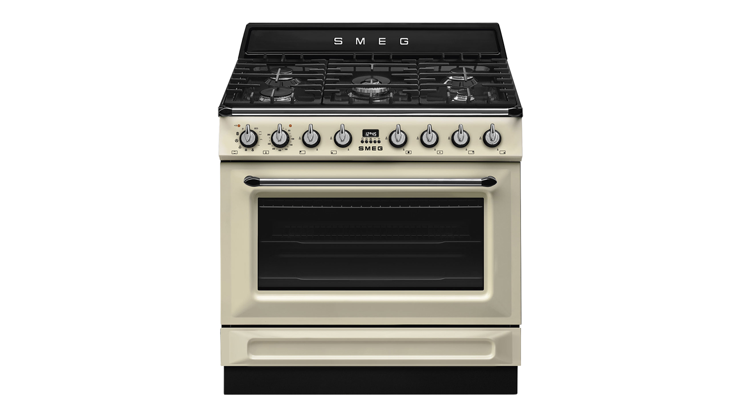 Front view of the Smeg Victoria 90cm Dual Fuel Freestanding Oven with five burners cooktop in cream colour