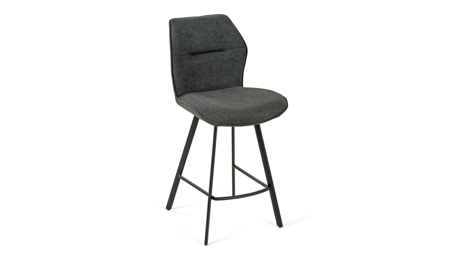 Charcoal fabric bar stool with a curved, cushioned backrest and four slim black metal legs