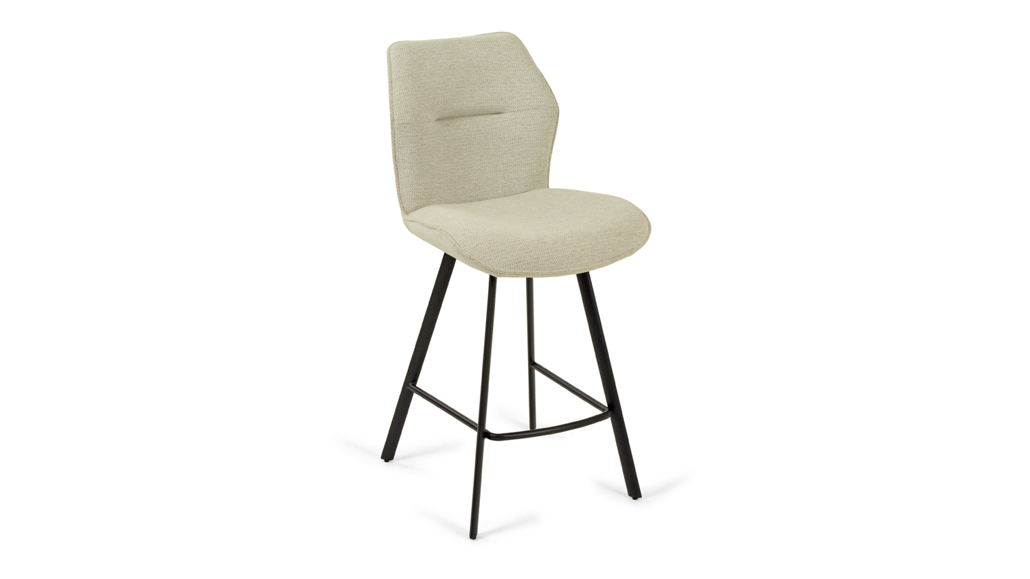 Sand fabric bar stool with a curved, cushioned backrest and four slim black metal legs