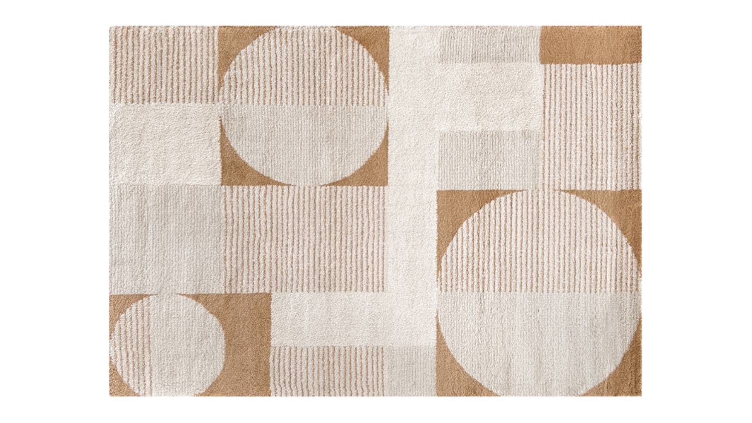Rectangular rug in neutral tones featuring geometric patterns in beige, cream, and light brown