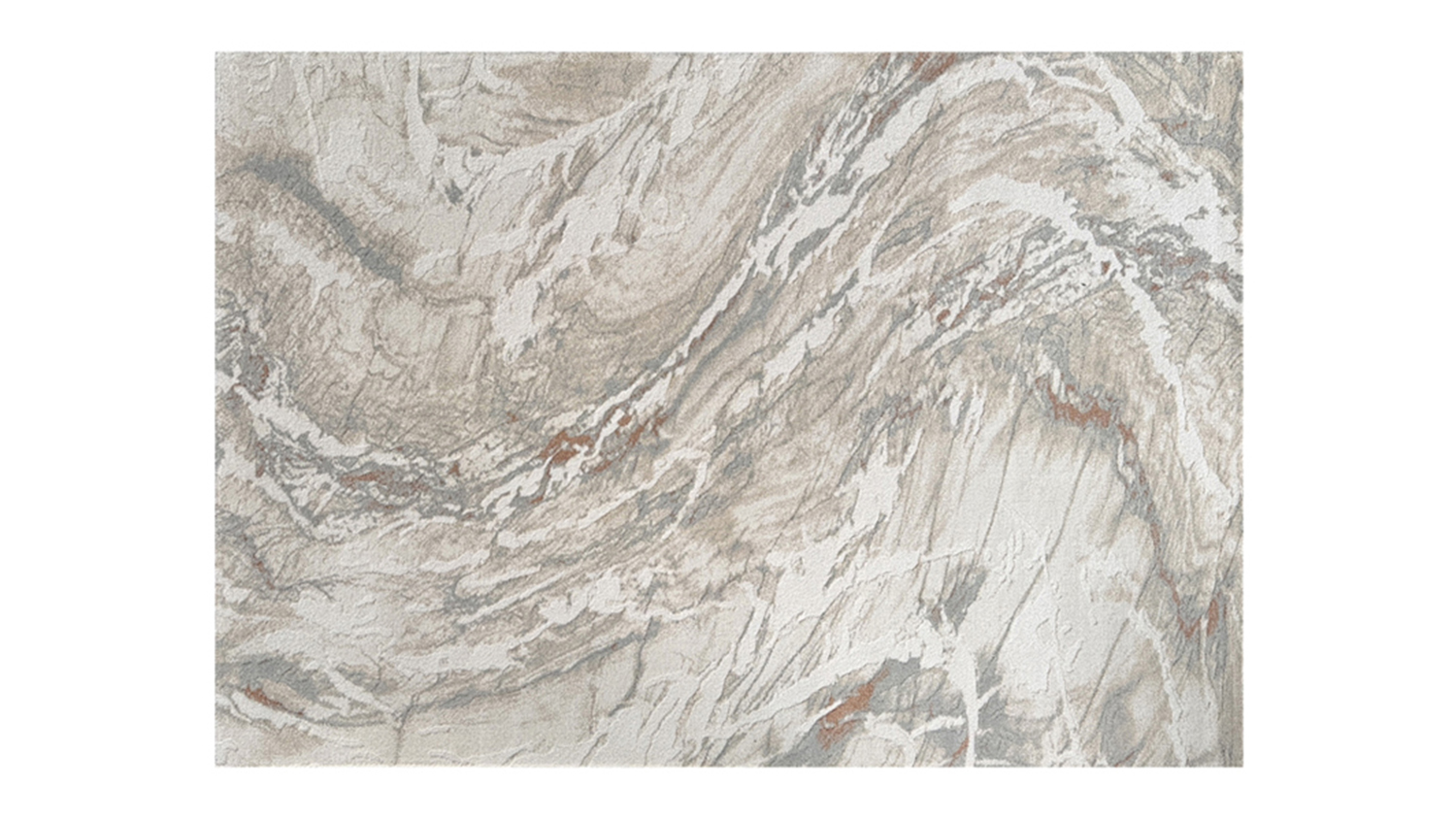 Full view of a Forme Mineral rug with an abstract marble pattern in beige, gray, and subtle copper tones
