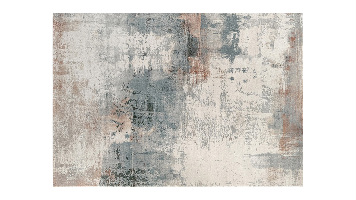 Flat lay of a rectangular Anders Abstraction Rug in a weathered beige, charcoal, and terracotta pattern