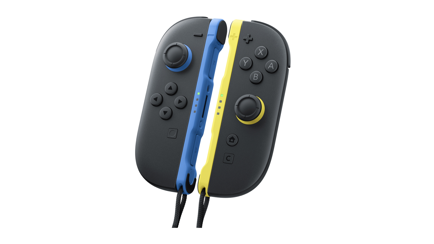 Black Nintendo Joy-Con 2 controllers with blue and yellow side rails, shown angled together with wrist straps attached