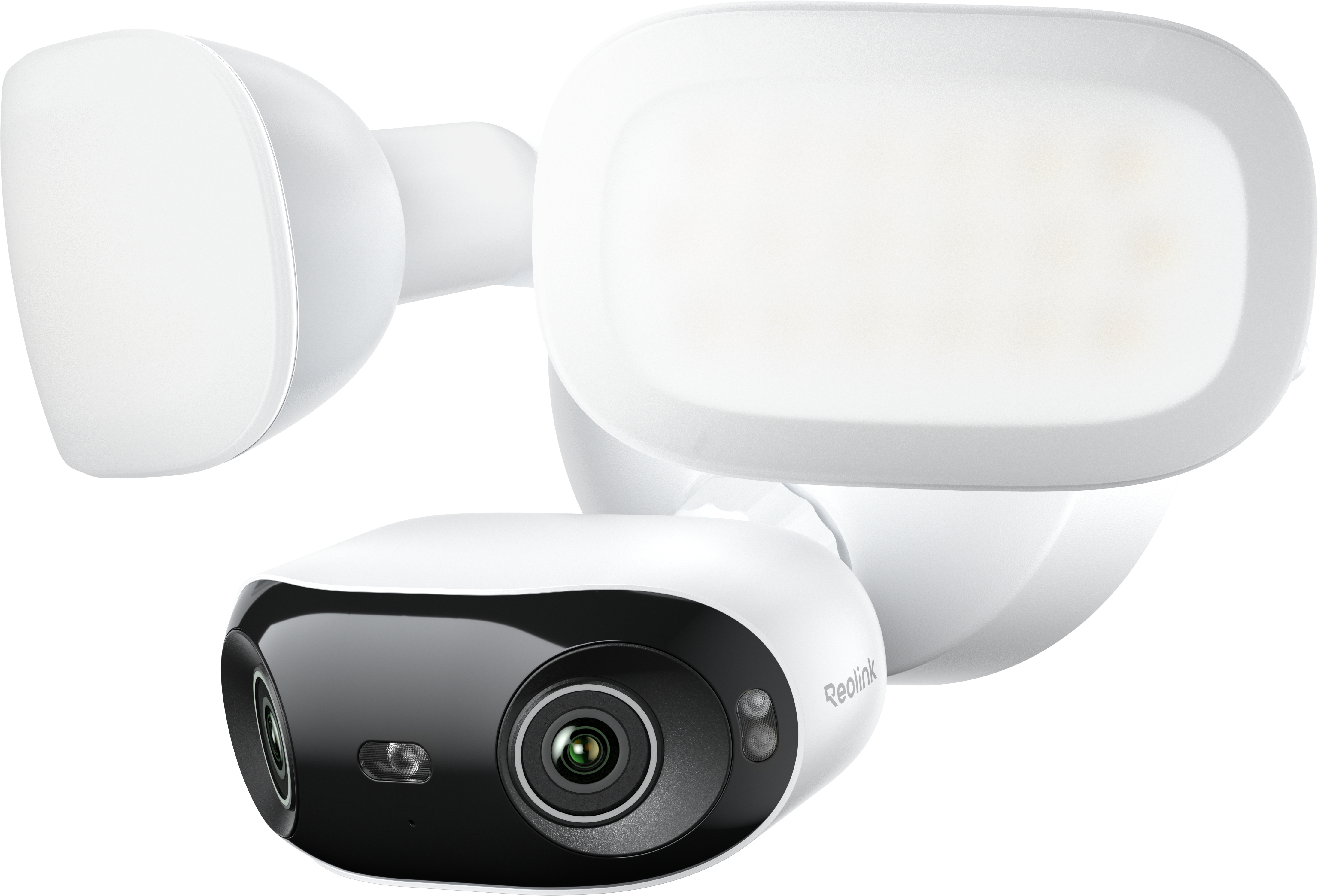 White Reolink Elite floodlight cam 4K outdoor wired security camera with a large integrated floodlight and dual-lens front