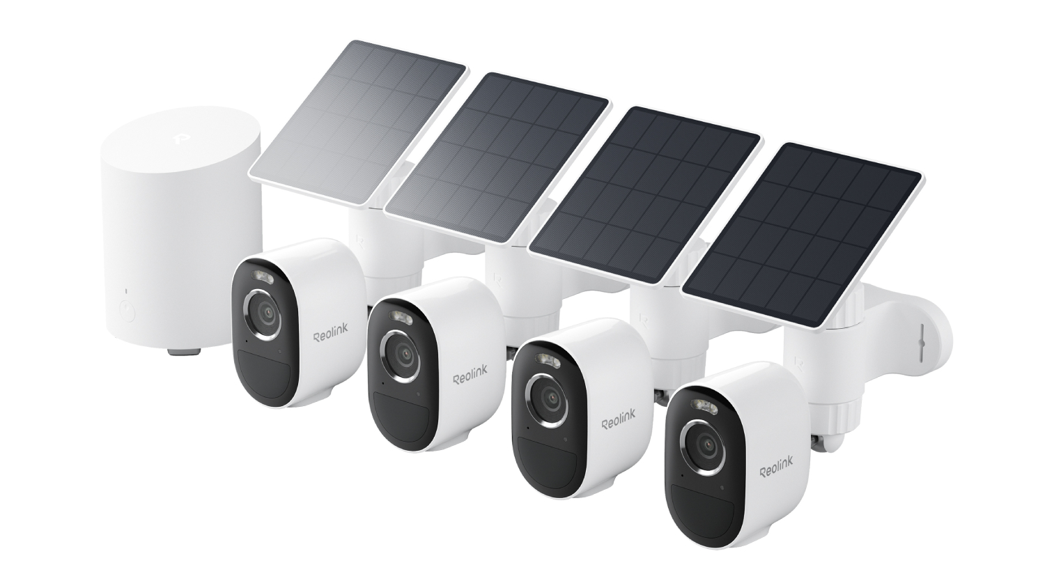 Reolink Home Hub Mini with four Argus 3 Pro 2K wireless outdoor security cameras and solar panels