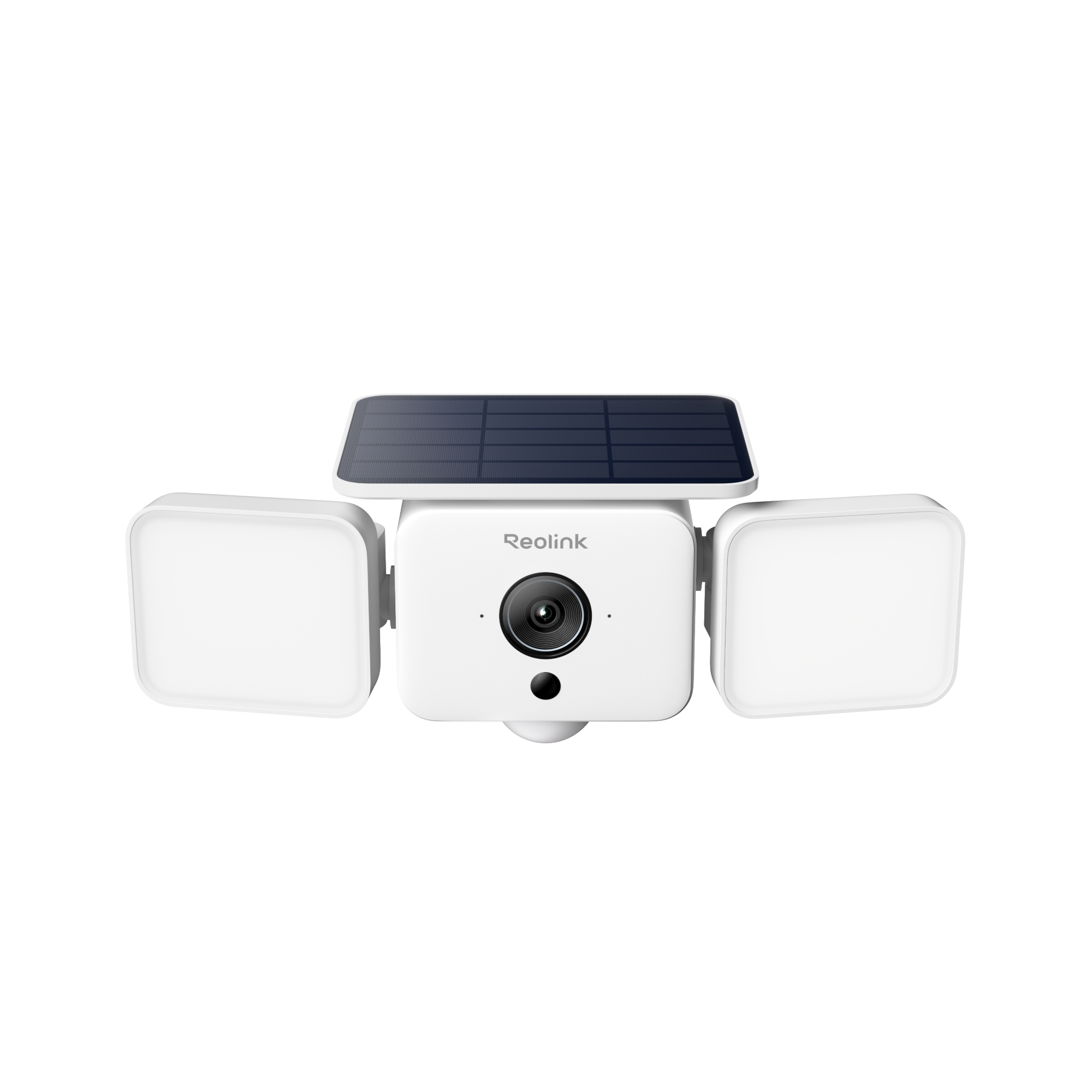 Front view of the Reolink Solar Floodlight Cam 4MP outdoor wireless security camera with dual floodlights and a mounted solar panel