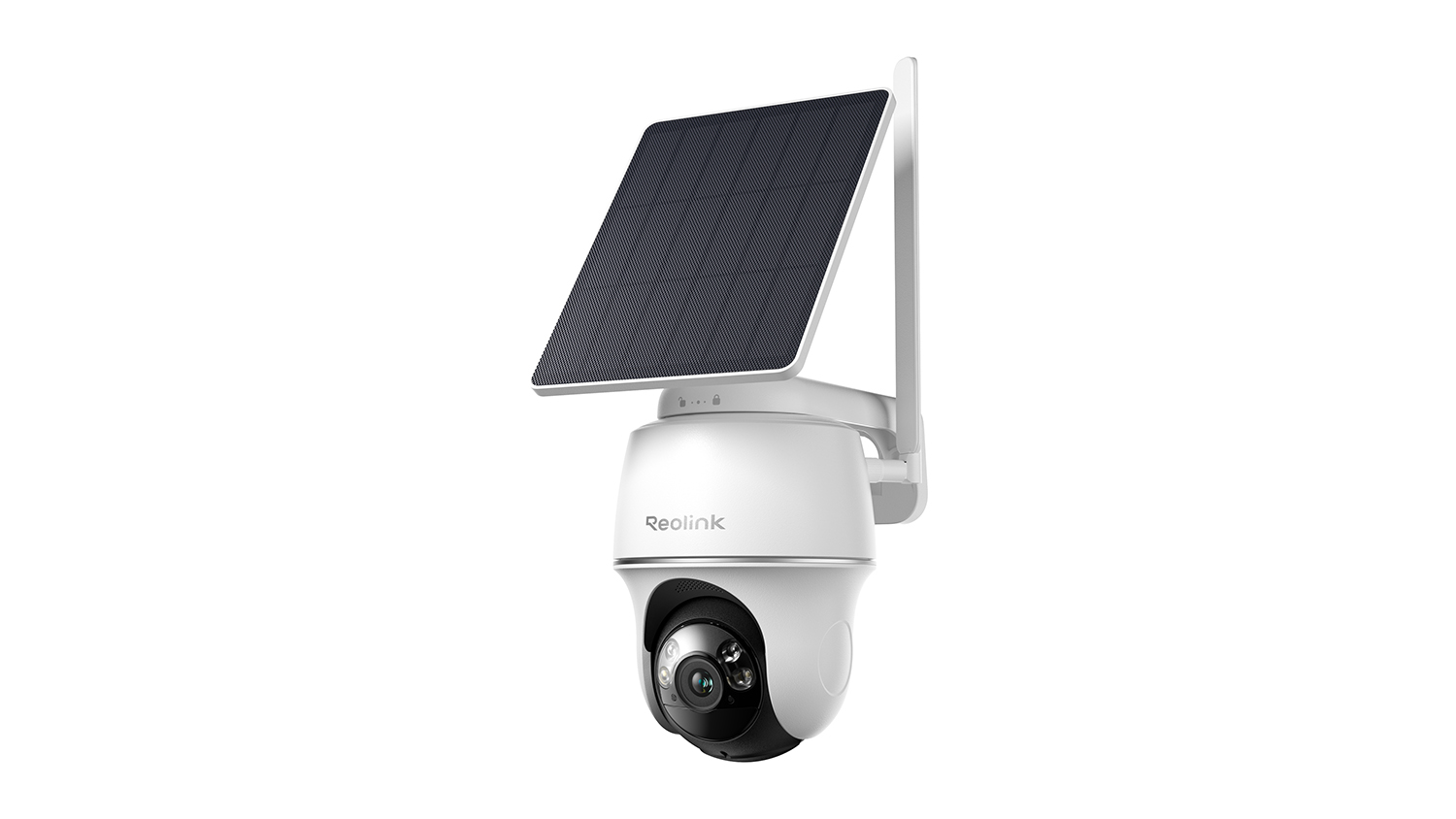 A white Reolink Go PT Plus 2K 4MP 4G Outdoor Wire-Free Smart Security Camera with Solar Panel
