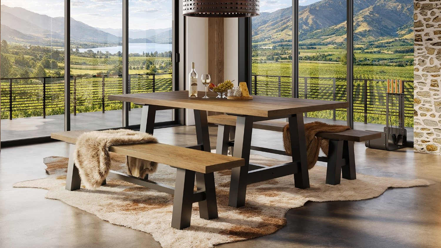 Barclay 3 Piece Dining Suite featuring a rectangular timber-look dining table and two matching bench seats