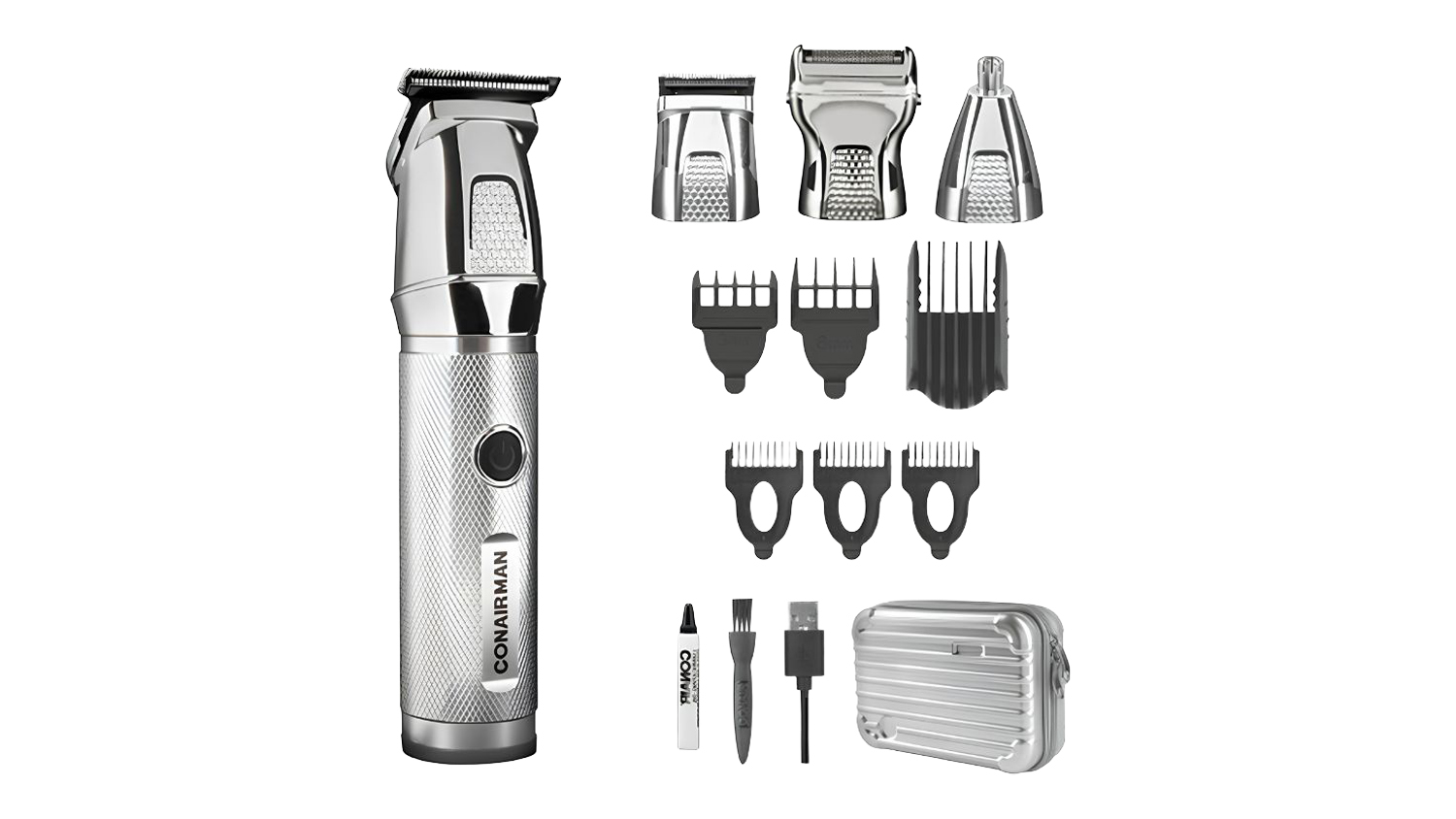 ConairMan cordless beard trimmer kit with grooming attachments, guide combs, cleaning brush, and travel case