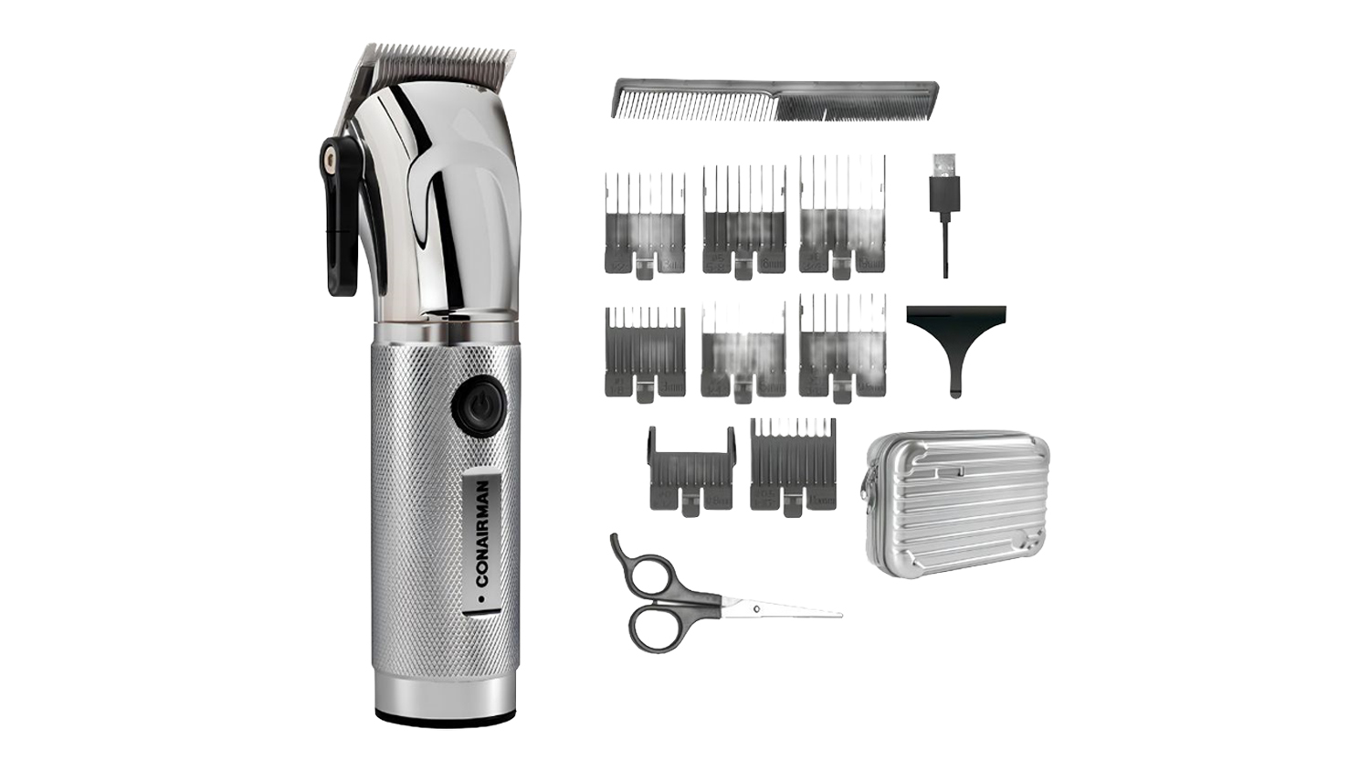 ConairMAN cordless hair clipper kit with guide combs, scissors, comb, charging cable, and travel case