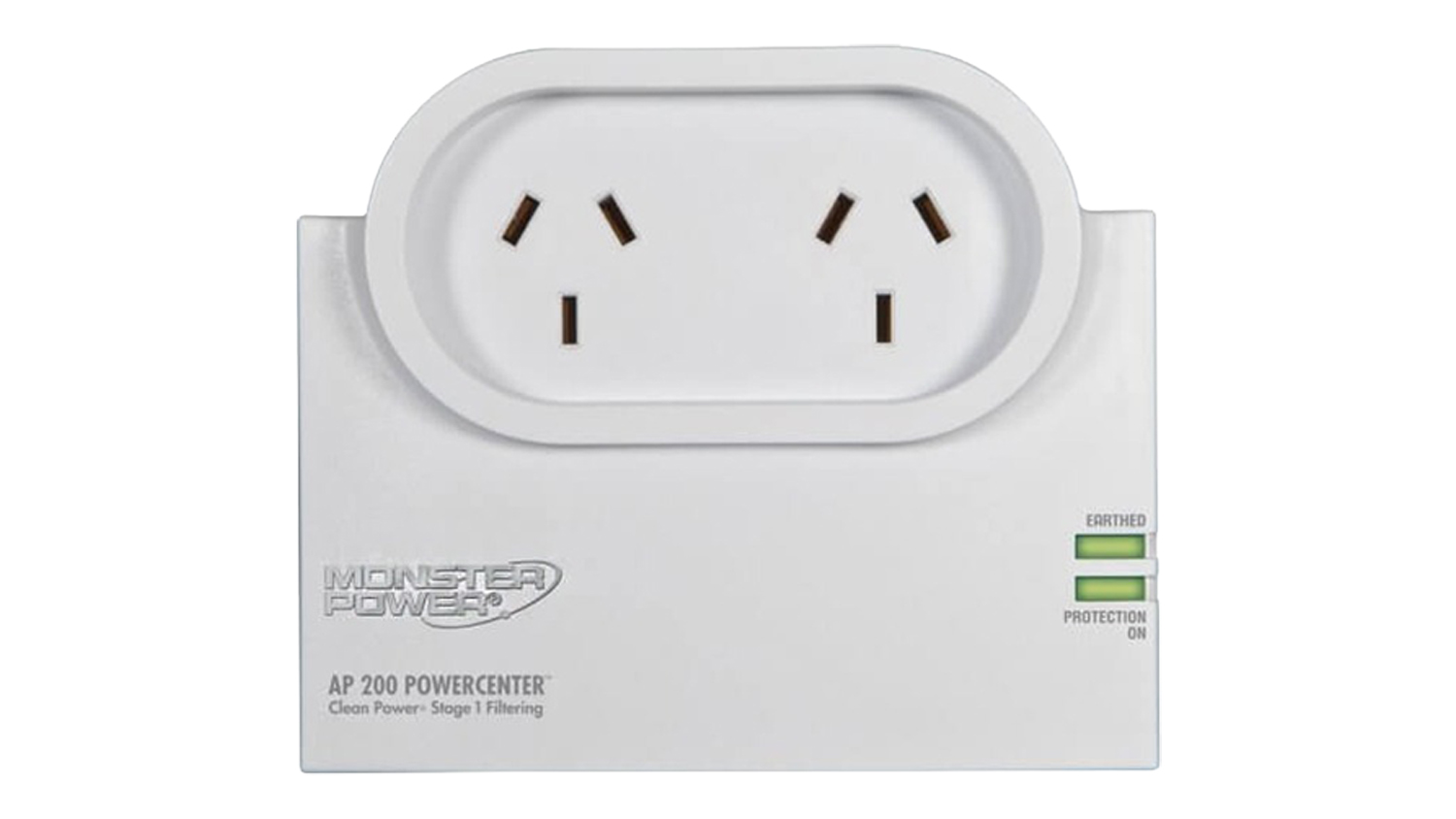 Front view of a white Monster AP200 power cube with two outlets and green indicator lights