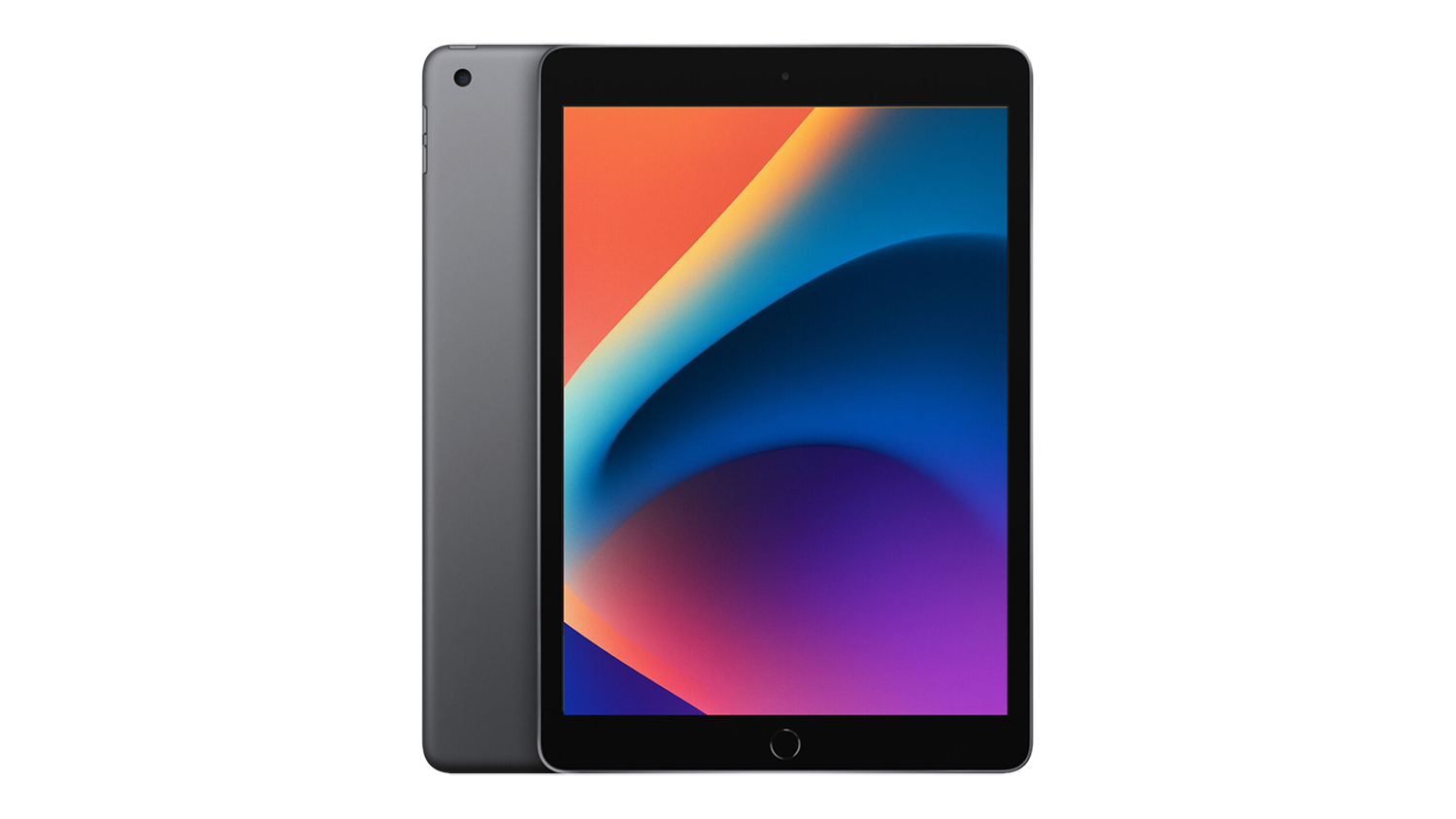 Front and back view of a space grey 8th Gen Apple iPad 10.2" with a colourful abstract wallpaper
