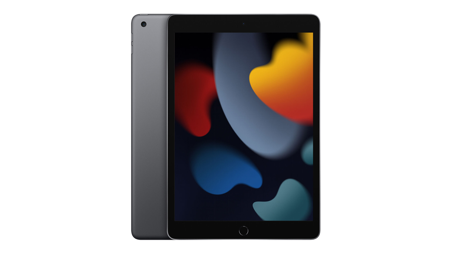 Space Grey Apple iPad 10.2-inch (9th Gen) shown from the front and back, featuring a black bezel and colourful abstract wallpaper on the screen