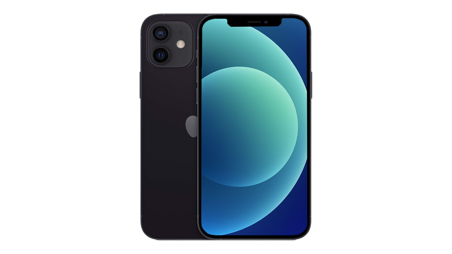 Black Apple iPhone 12 shown from the front and back, featuring a dual rear camera and blue gradient display