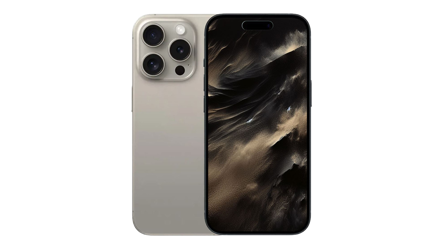 Natural Titanium Apple iPhone 15 Pro shown from the front and back, featuring triple rear cameras and a dark abstract wallpaper on the display