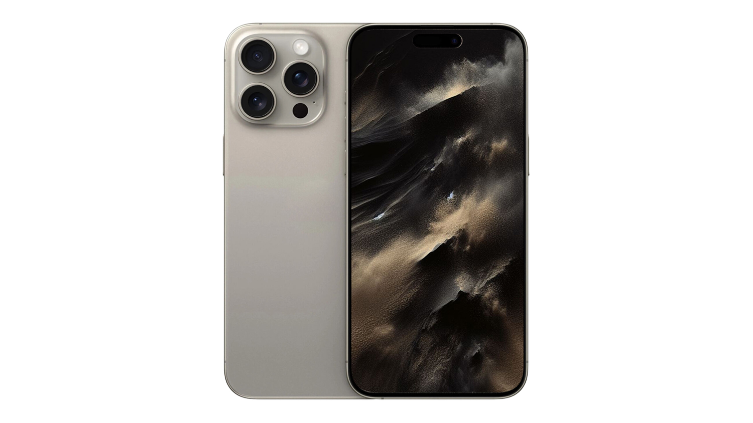 Natural Titanium Apple iPhone 15 Pro Max with an edge-to-edge display and three rear cameras, shown from the front and back