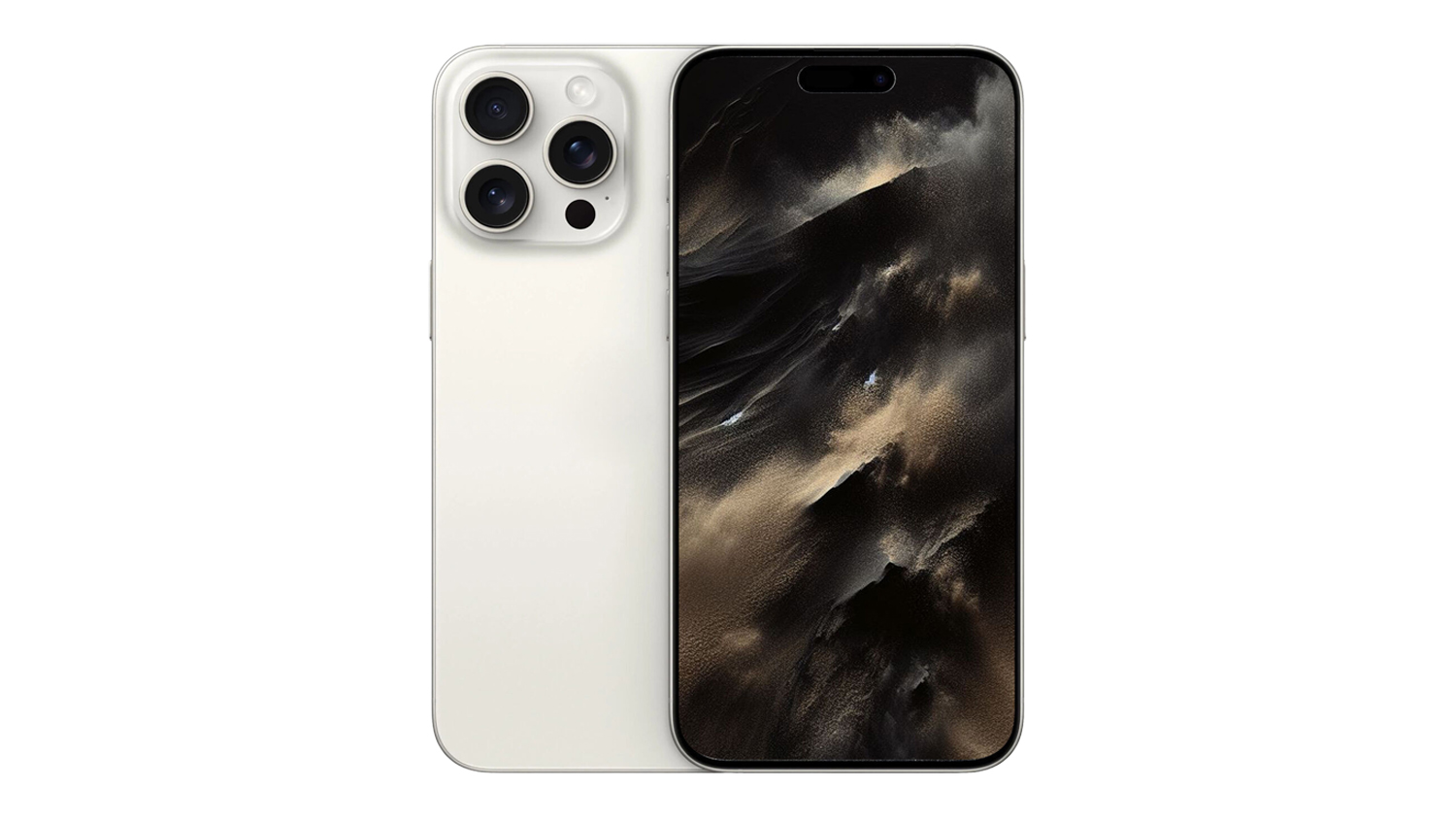 Apple iPhone 15 Pro Max in white titanium, showing its rear panel and front screen display
