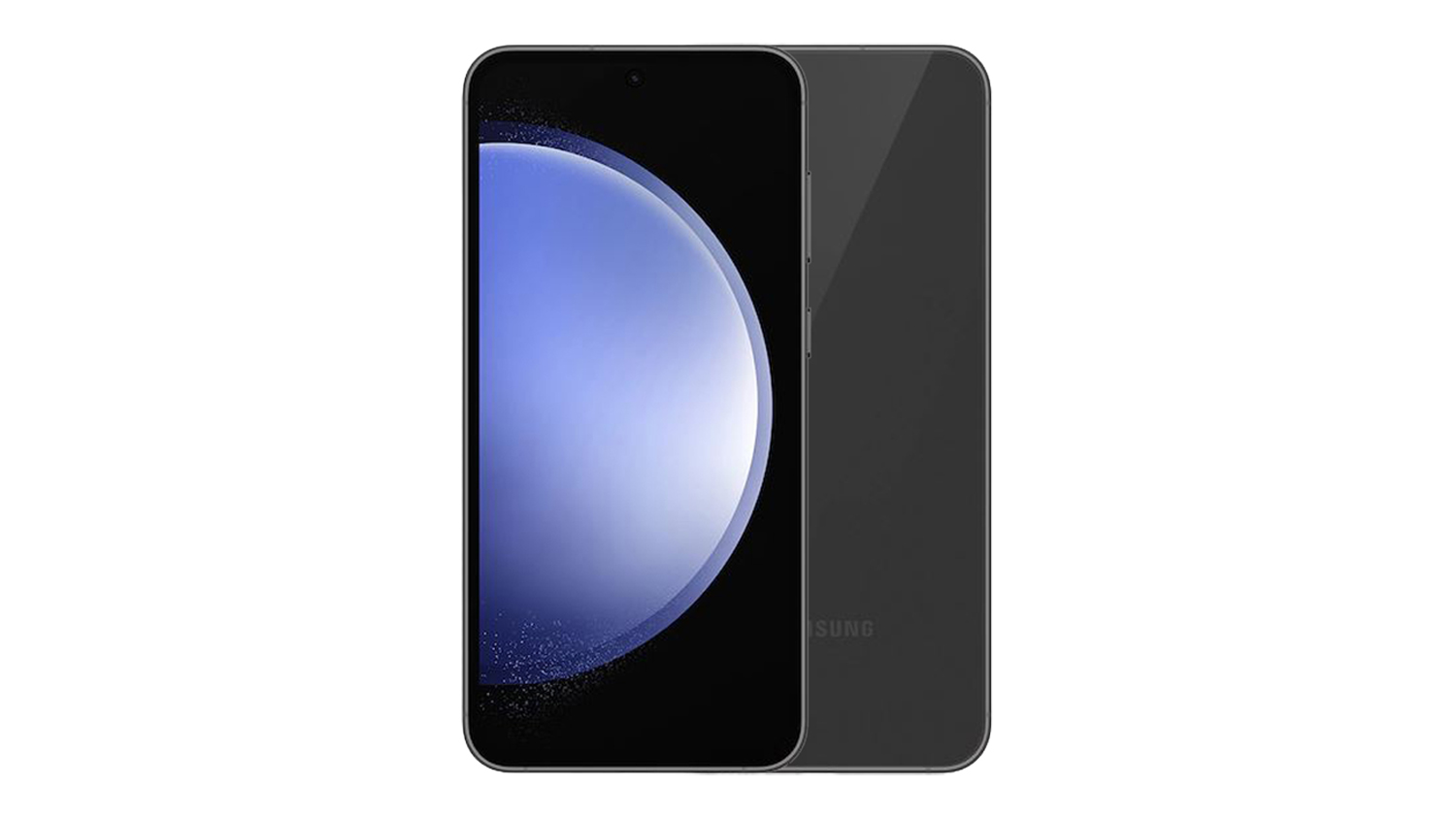Front and back view of the graphite Samsung Galaxy S23 FE smartphone with large display and camera
