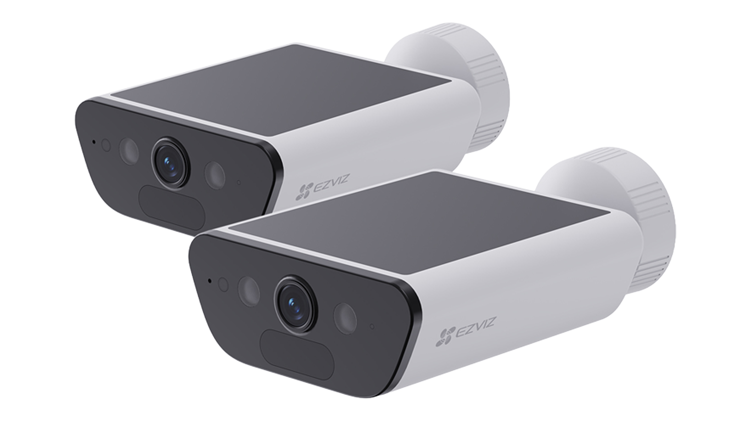 Two EZVIZ CB5 4K wire-free outdoor security cameras in white, shown together at an angled view