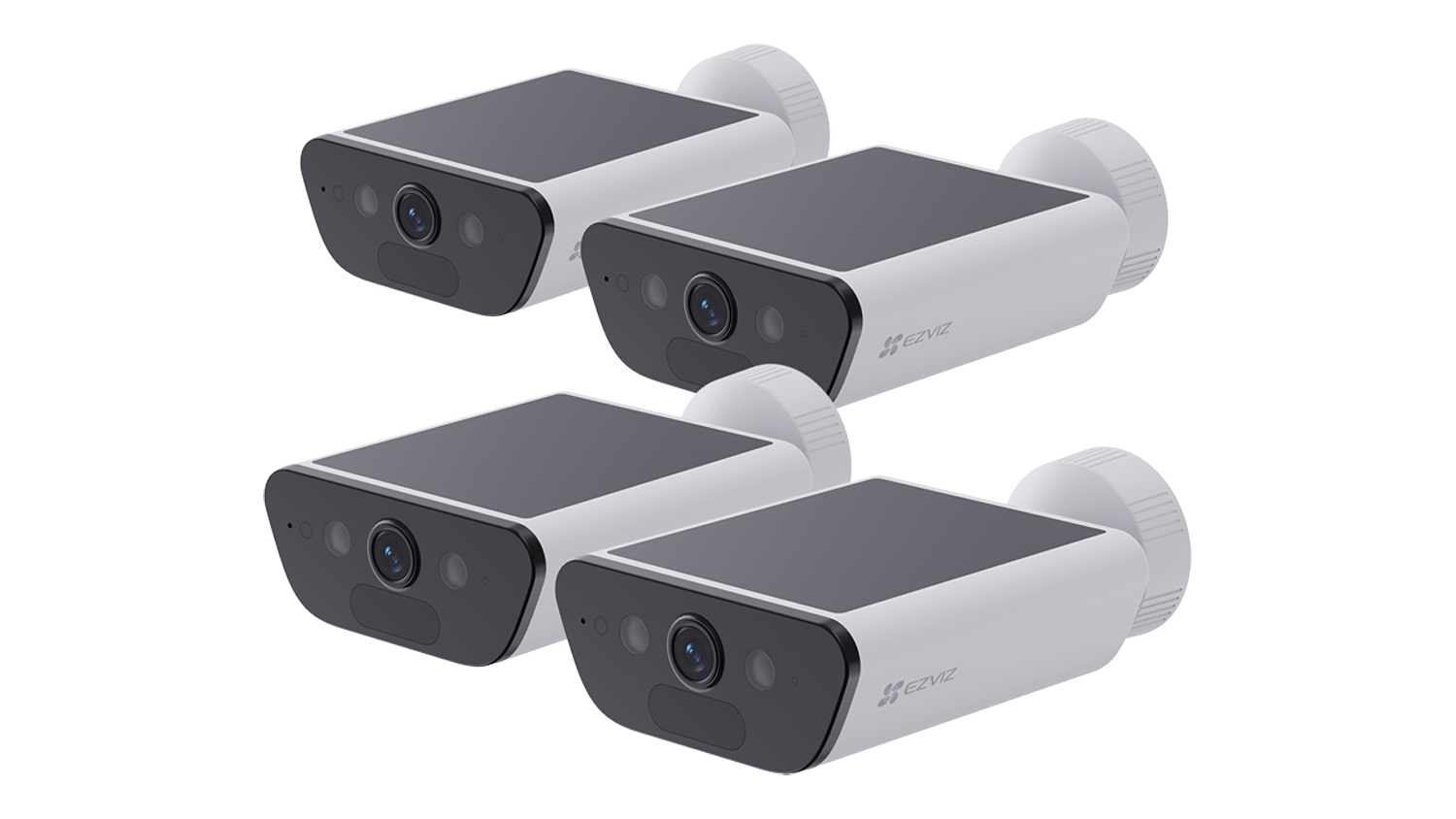 Four EZVIZ CB5 4K wire-free outdoor security cameras in white, shown together at an angled view