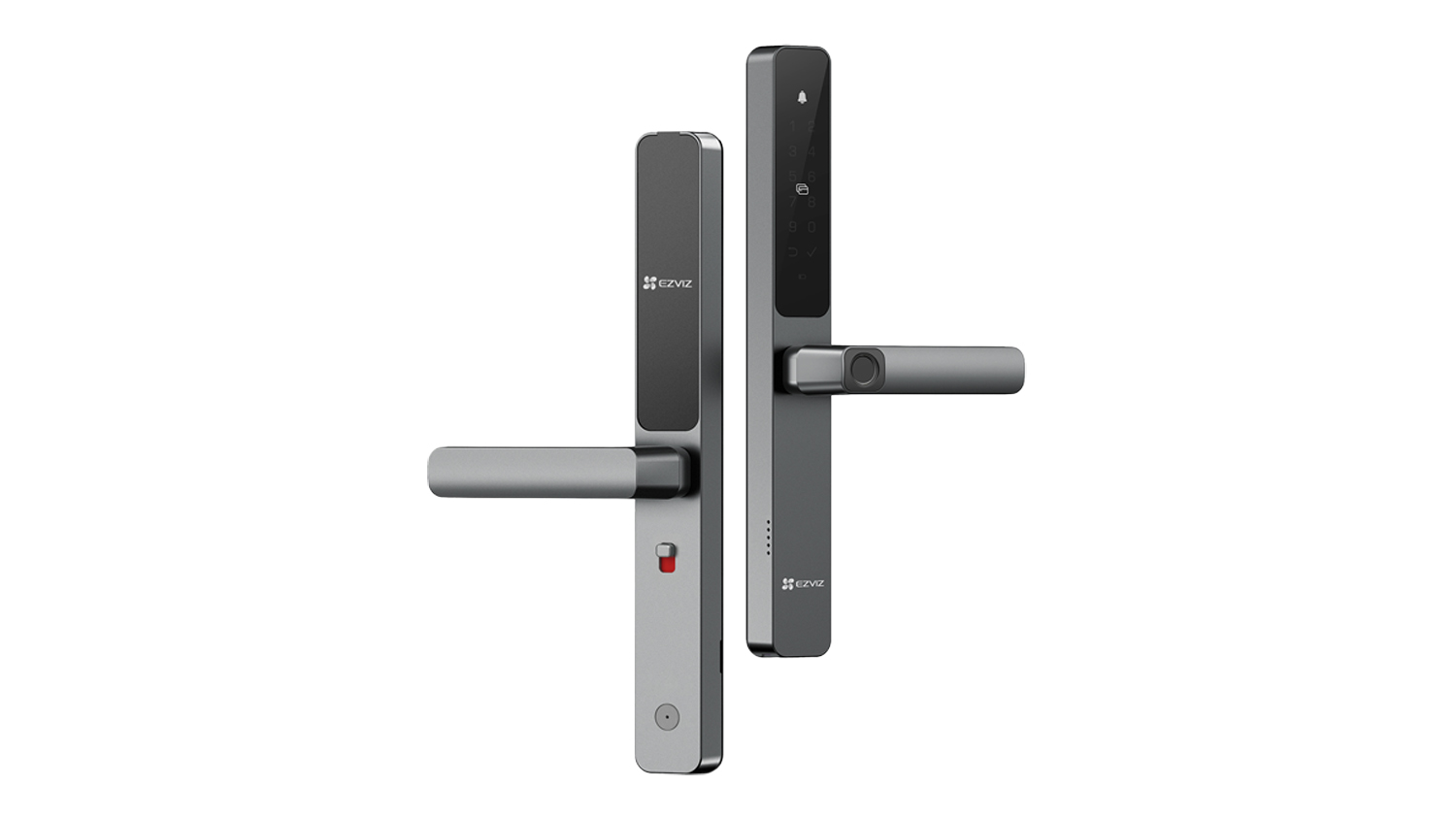 Front and back view of the grey EZVIZ DL06 Smart Fingerprint Door Lock
