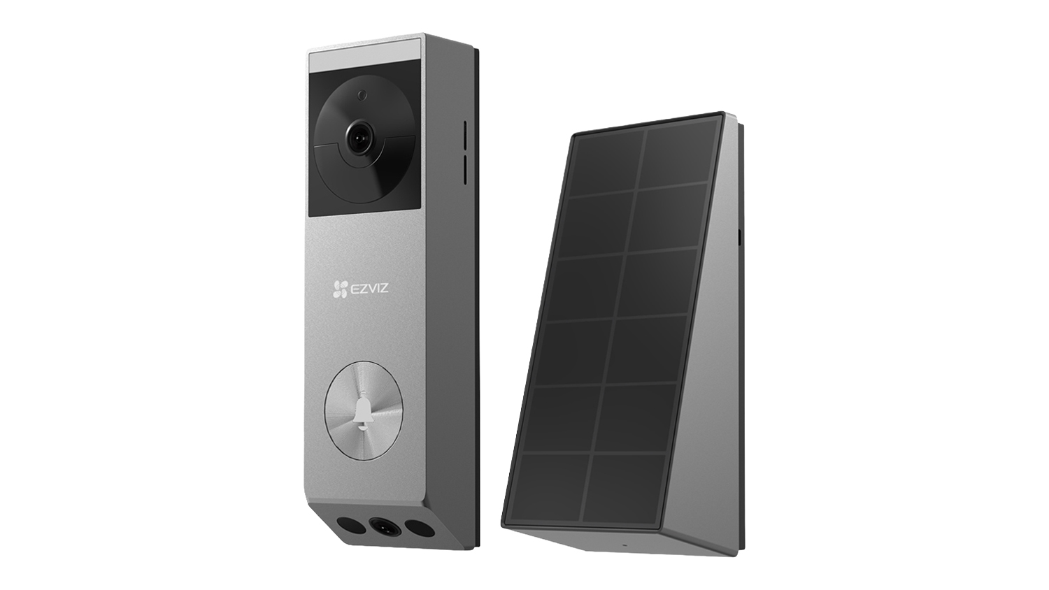 EZVIZ EP3x Pro wireless smart video doorbell standing next to its accompanying compact solar panel