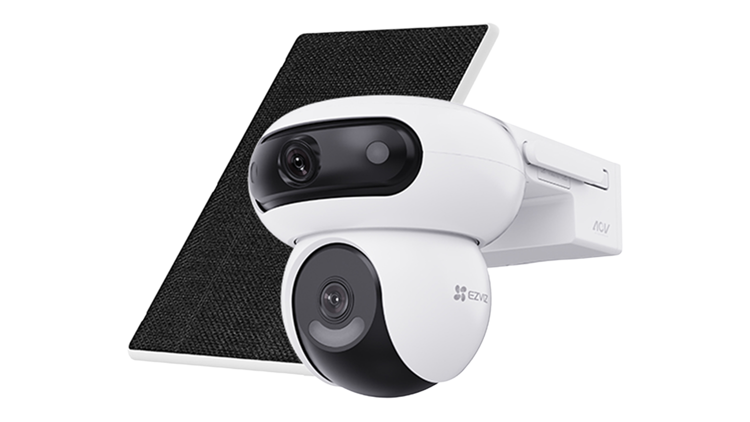 A white EZVIZ HB90 Dual-Lens 3K Outdoor Wire-Free Security Camera with Solar Panel & 16GB SD Card