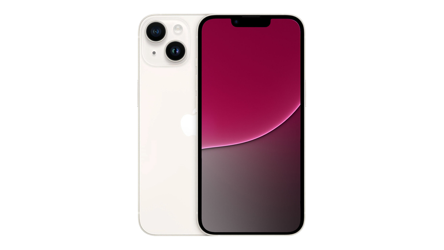 Front and back view of a Starlight Apple iPhone 14 5G with dual rear cameras and a pink gradient display