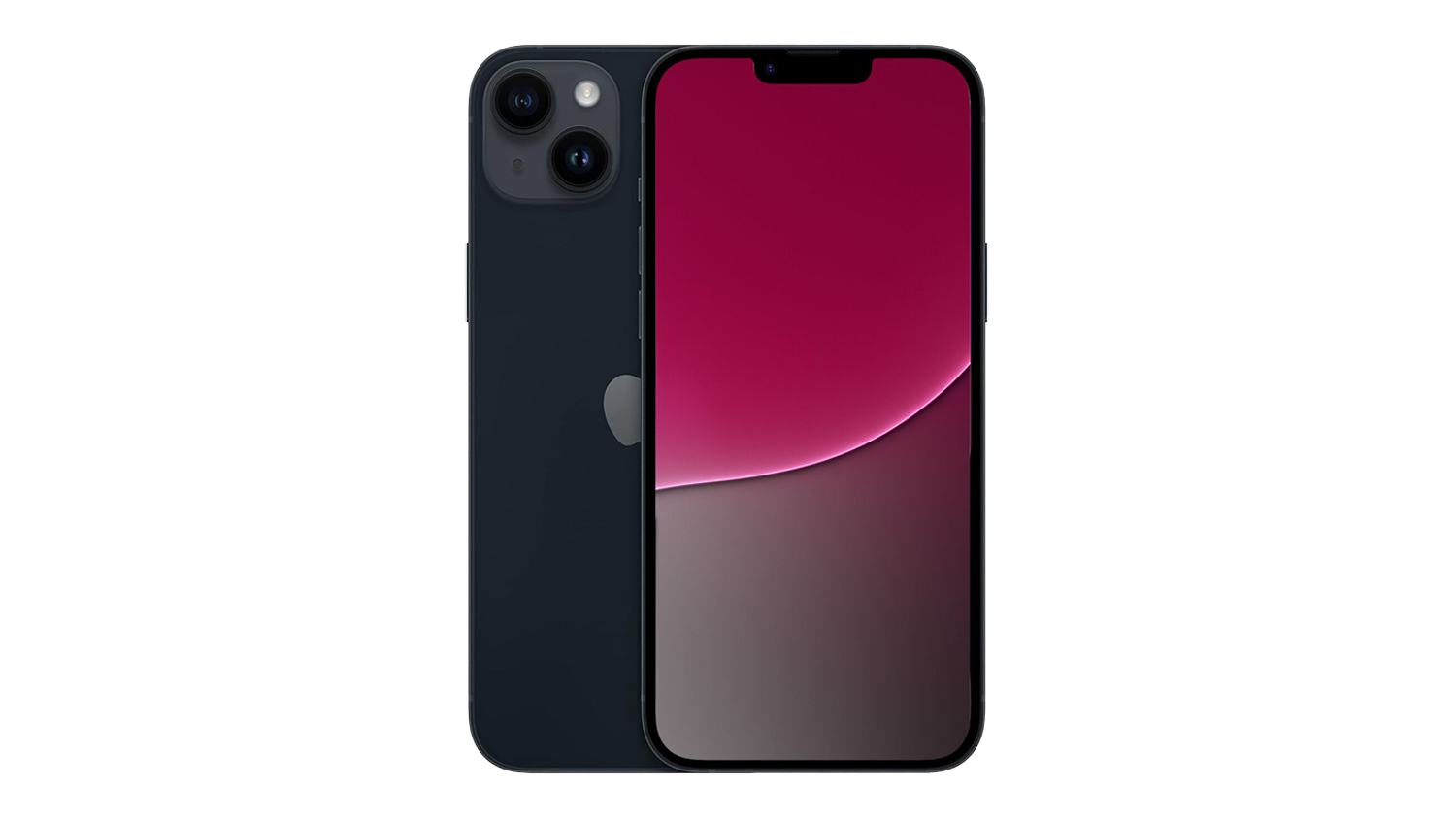 Front and back view of a Midnight Apple iPhone 14 Plus with dual rear cameras and a gradient display