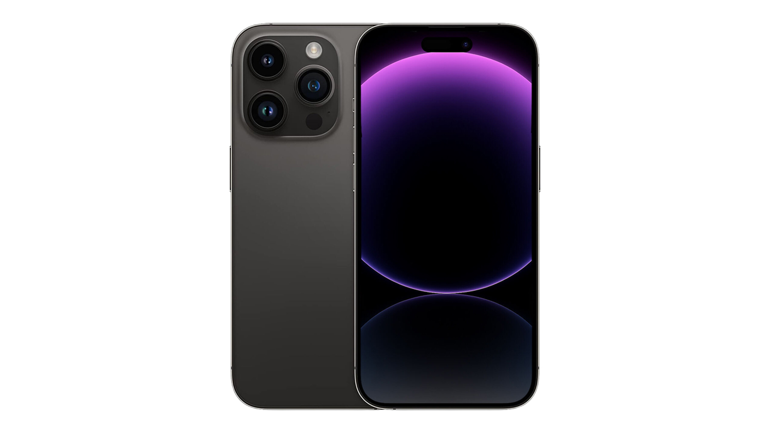 Space Black Apple iPhone 14 Pro 5G shown from the front and back, featuring a triple-camera system and a gradient screen wallpaper