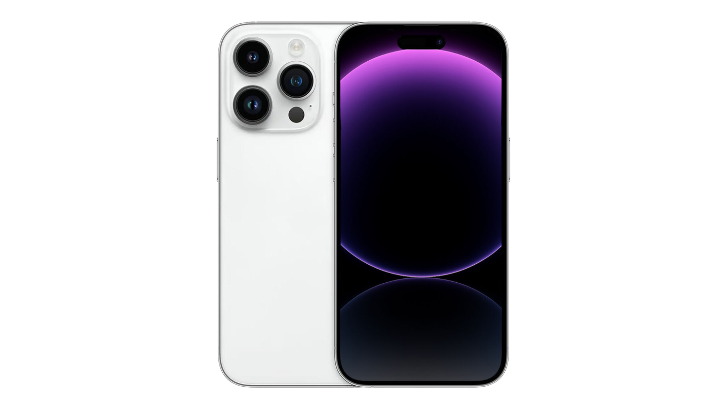 Silver Apple iPhone 14 Pro shown from the front and back, featuring a triple-camera rear design and a purple abstract display