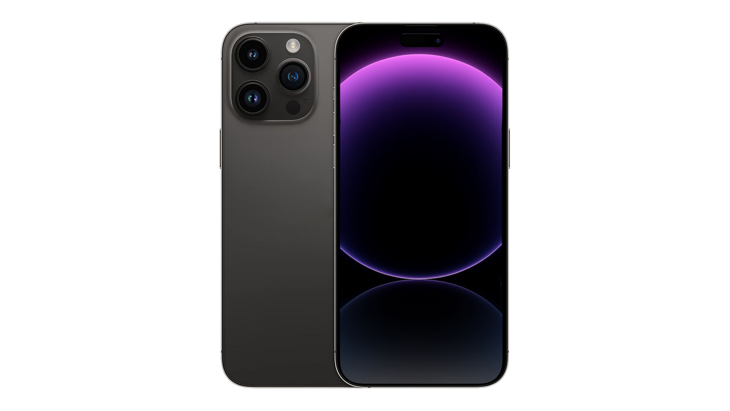 Space Black Apple iPhone 14 Pro Max shown from the front and back, featuring a triple-camera system and a purple gradient screen wallpaper