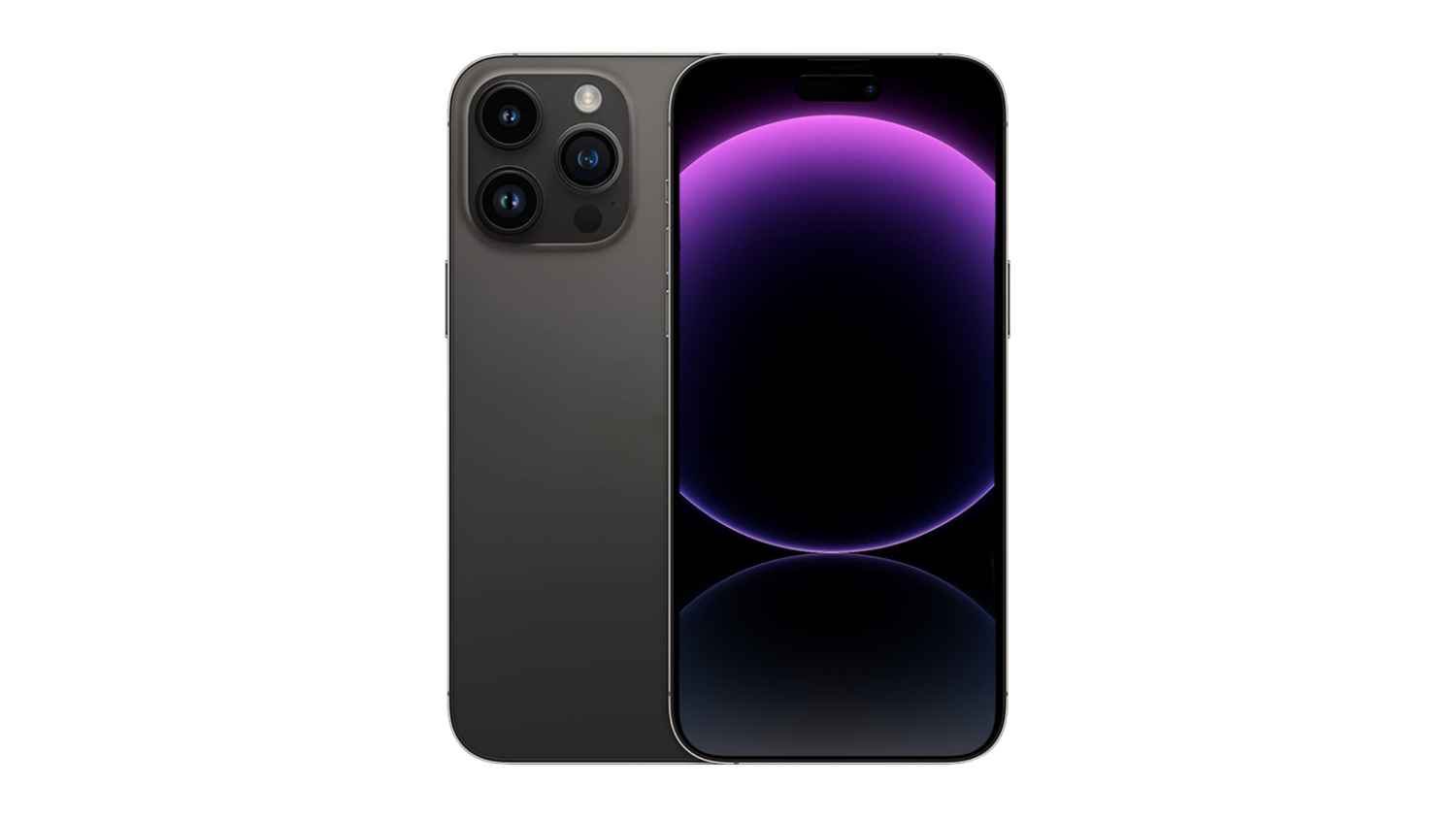 Space Black Apple iPhone 14 Pro Max shown from the front and back, featuring a triple-camera system and a purple gradient screen wallpaper