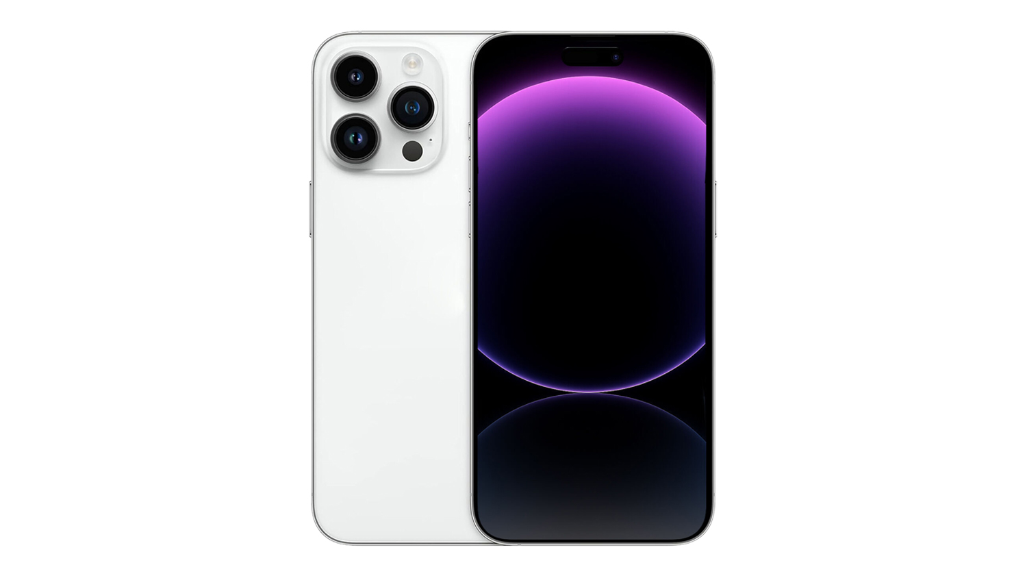 Silver coloured Apple iPhone 14 Pro Max shown from the front and back, featuring a triple-camera system and a purple gradient screen wallpaper