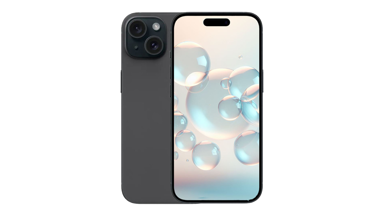 Front and back views of a black Apple iPhone 15 featuring dual rear cameras and a screen with floating bubble wallpaper