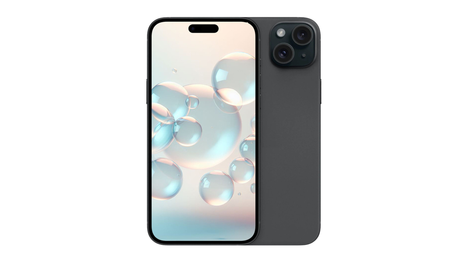 Front and back view of the Apple iPhone 15 Plus with dual rear cameras and a bubble-themed display