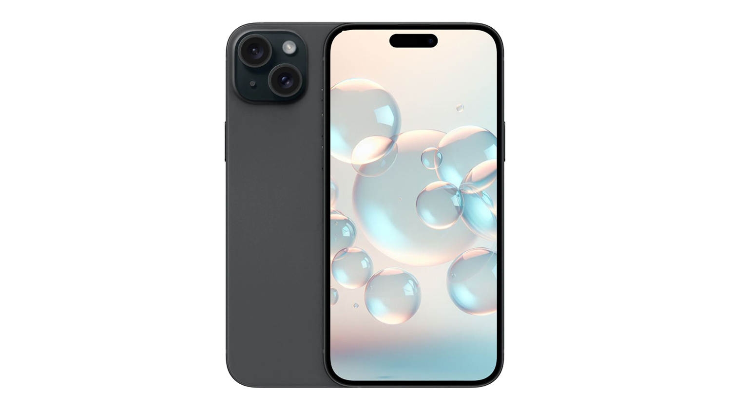 Front and back view of the Apple iPhone 15 Plus with dual rear cameras and a bubble-themed display