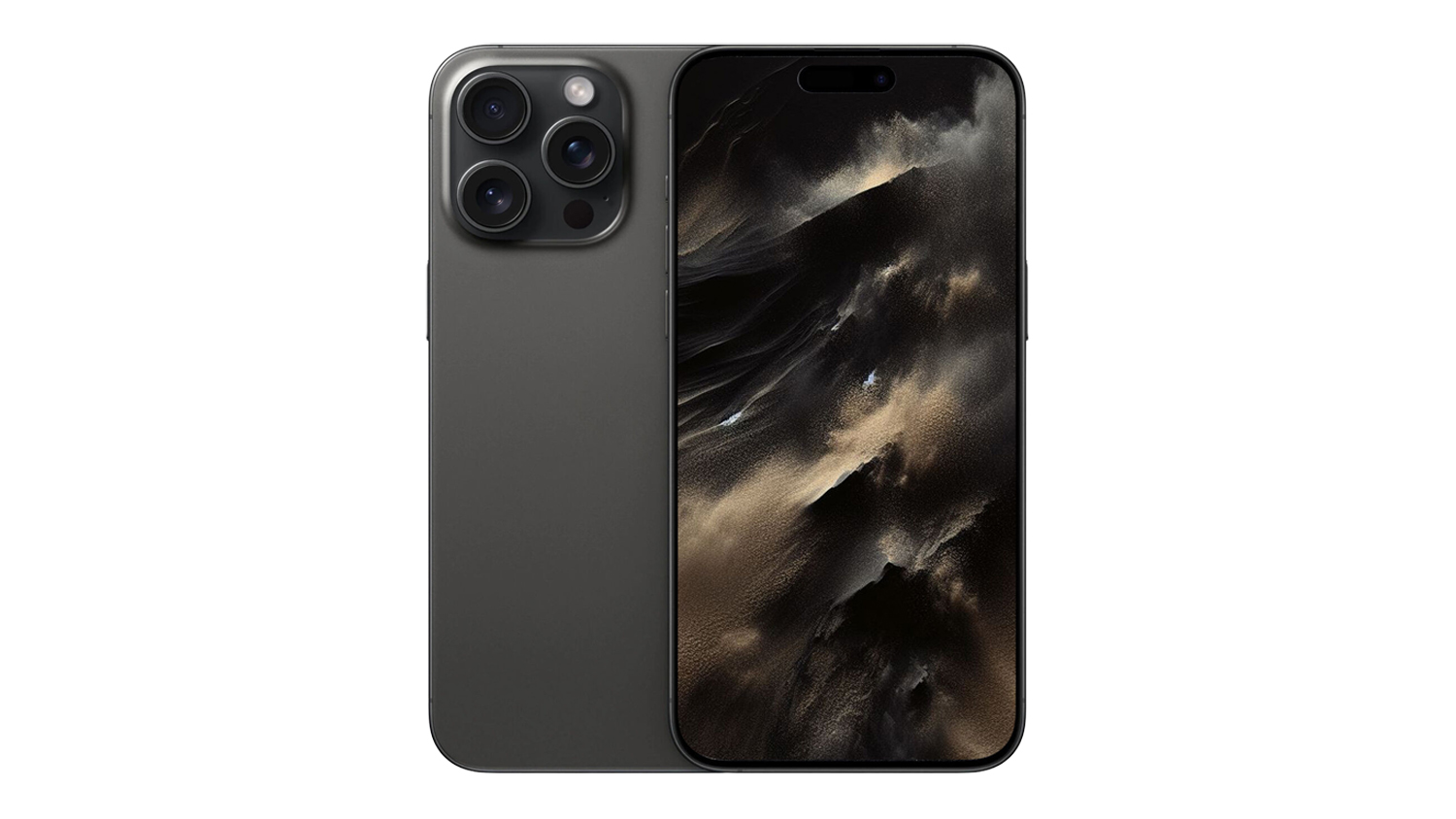 Apple iPhone 15 Pro Max in black titanium, showing its rear panel and front screen display