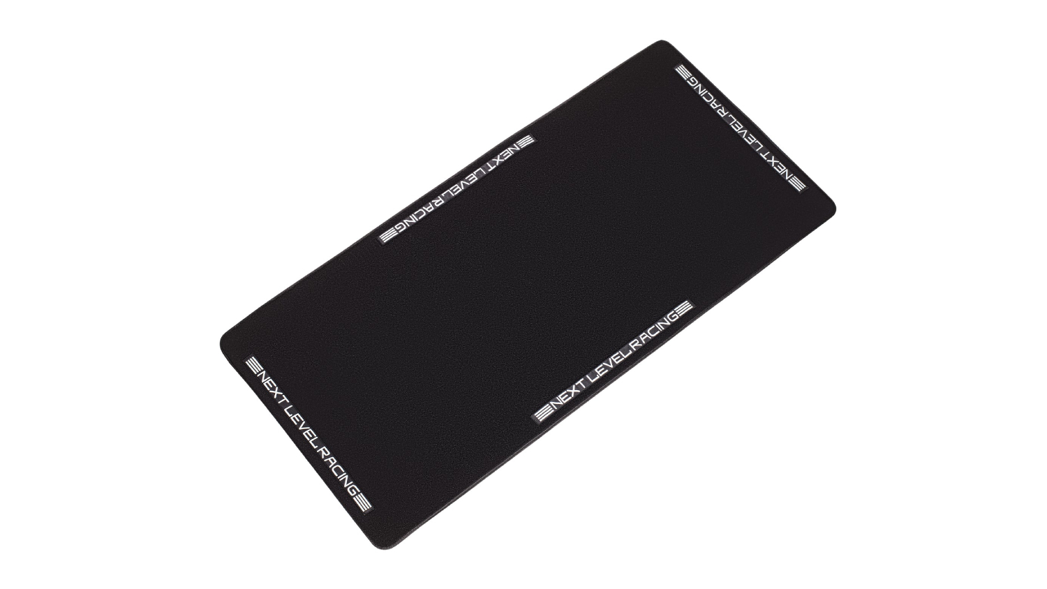 Angled view of a black rectangular Next Level Racing Premium Floor Mat Extra Large with Next Level Racing branding along the edges