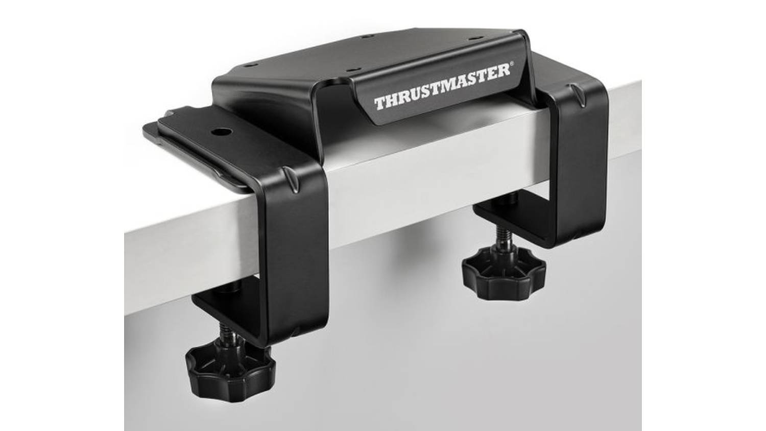 Front angled view of the Thrustmaster T818 Desk Mounting Plate attached to a desk edge
