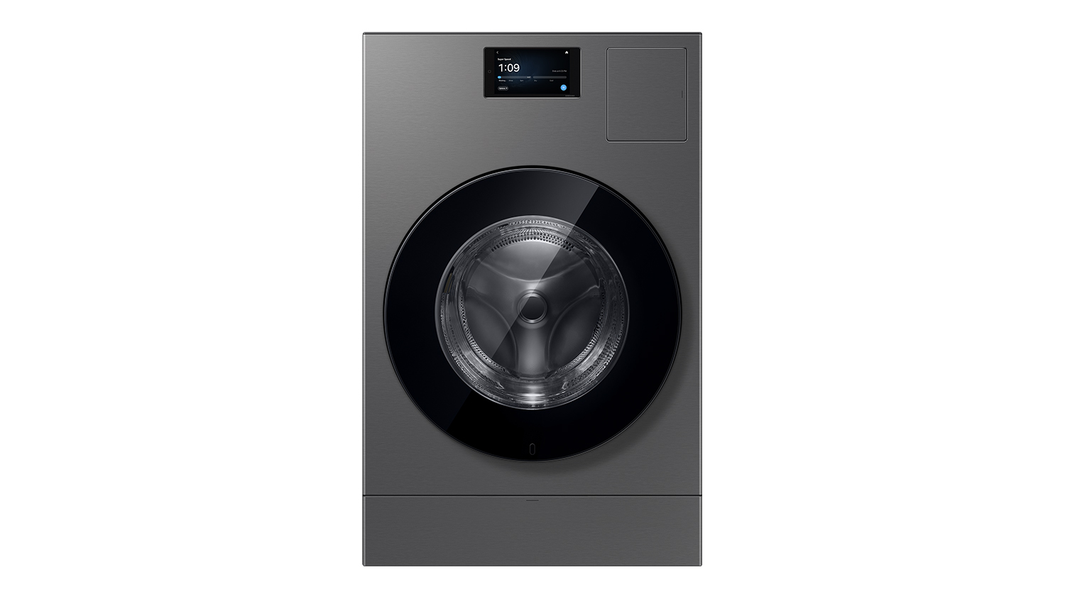 Front View of the Samsung Bespoke Front Loader Smart AI Washing Machine & Dryer Combo in dark grey