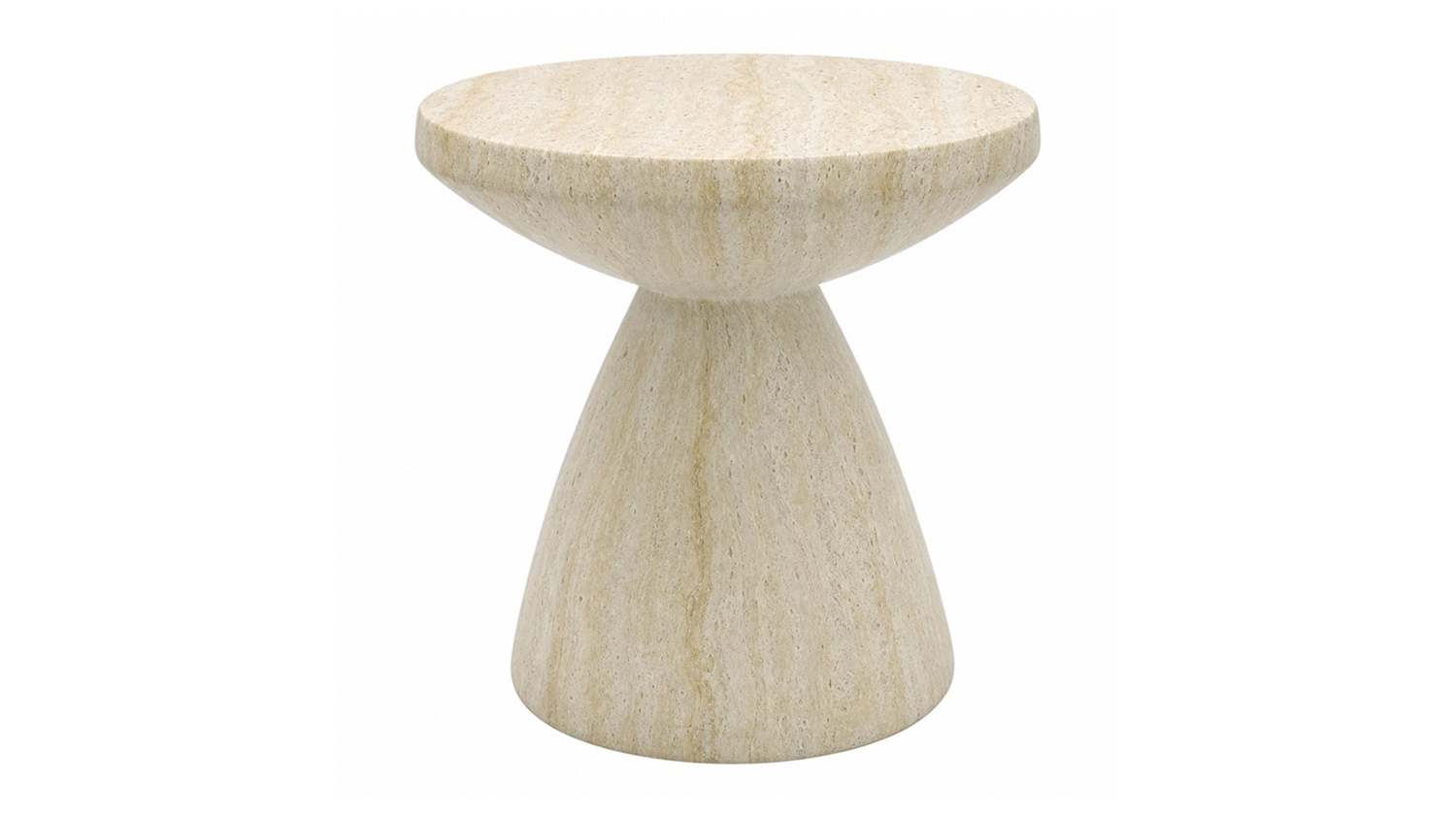 Modern Lilli Travertine Look MGO Stool with a unique hour-glass silhouette