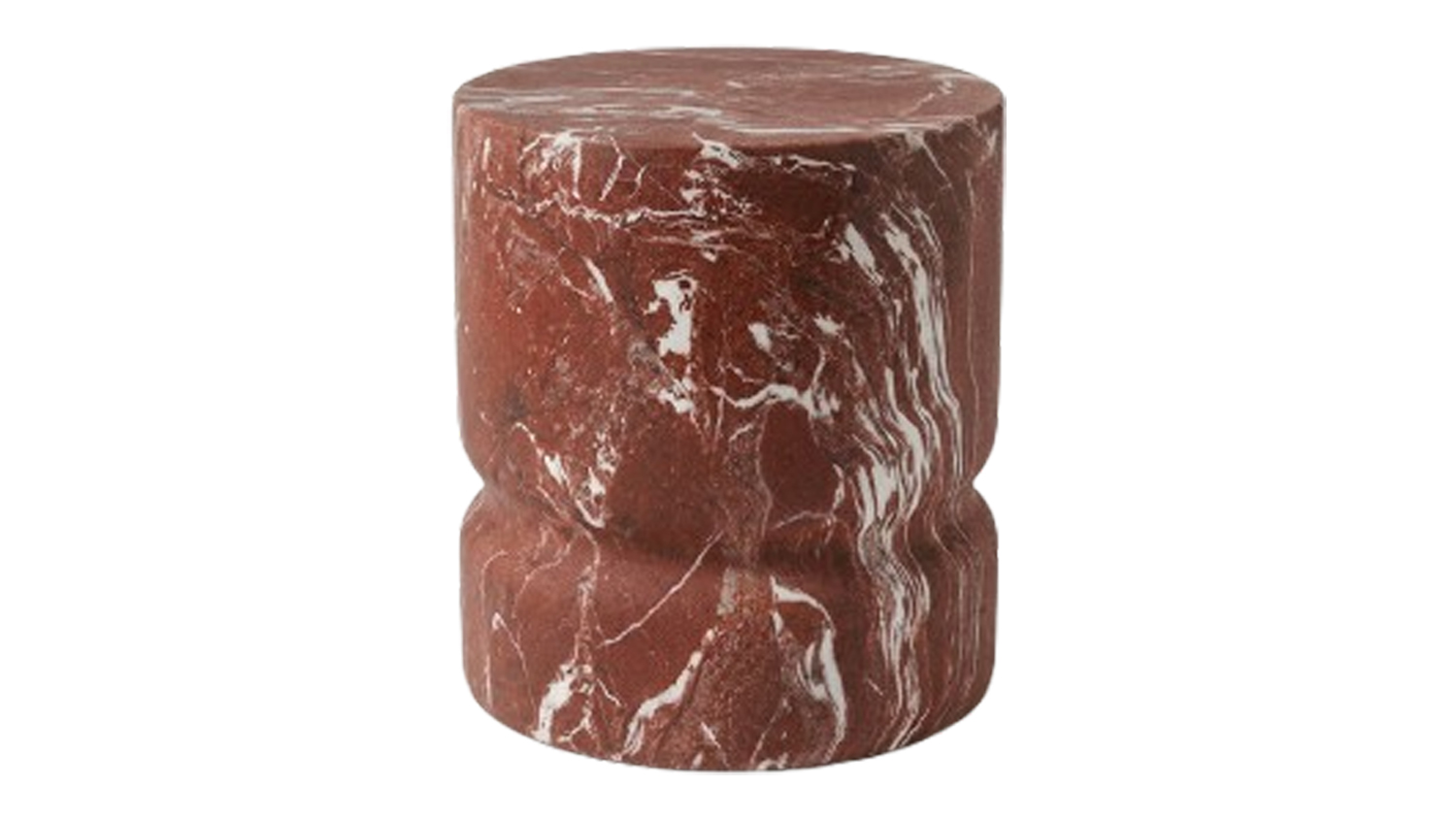 Nimoy Burgundy Marble MGO Side Table featuring a rounded cylindrical silhouette