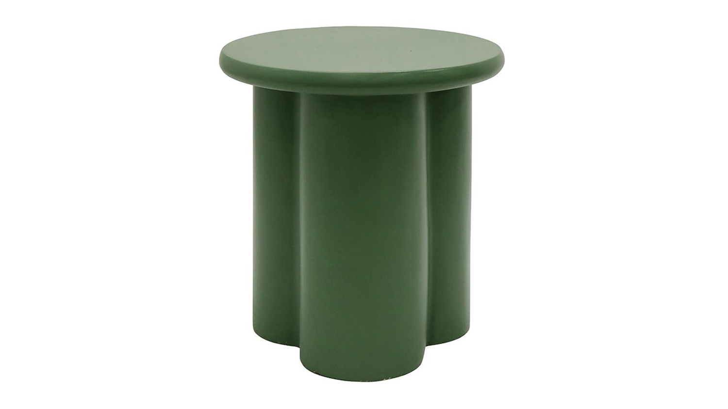 Reeve Olive Satin MGO Side Table with a round top and a modern, chunky fluted pedestal base