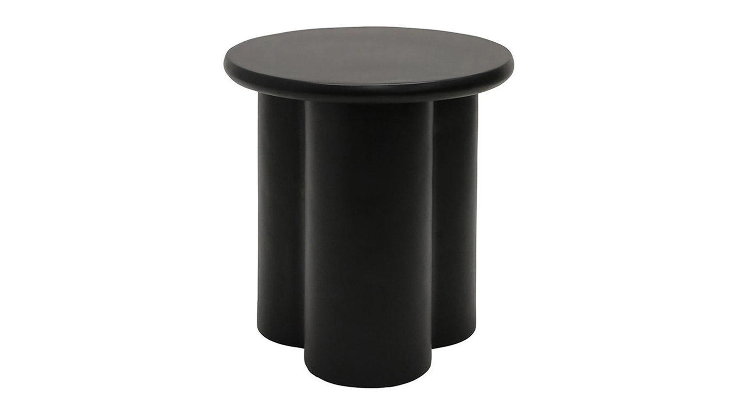 Reeve Black Satin MGO Side Table with a round top and a modern, chunky fluted pedestal base