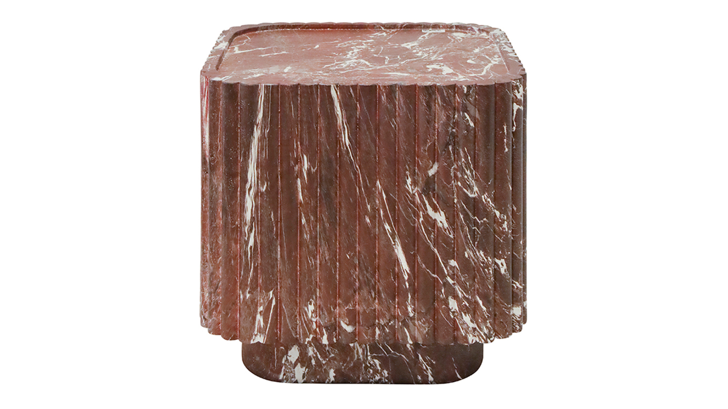 Odin Burgundy Marble MGO Side Table featuring a cube-shaped silhouette with softly rounded corners