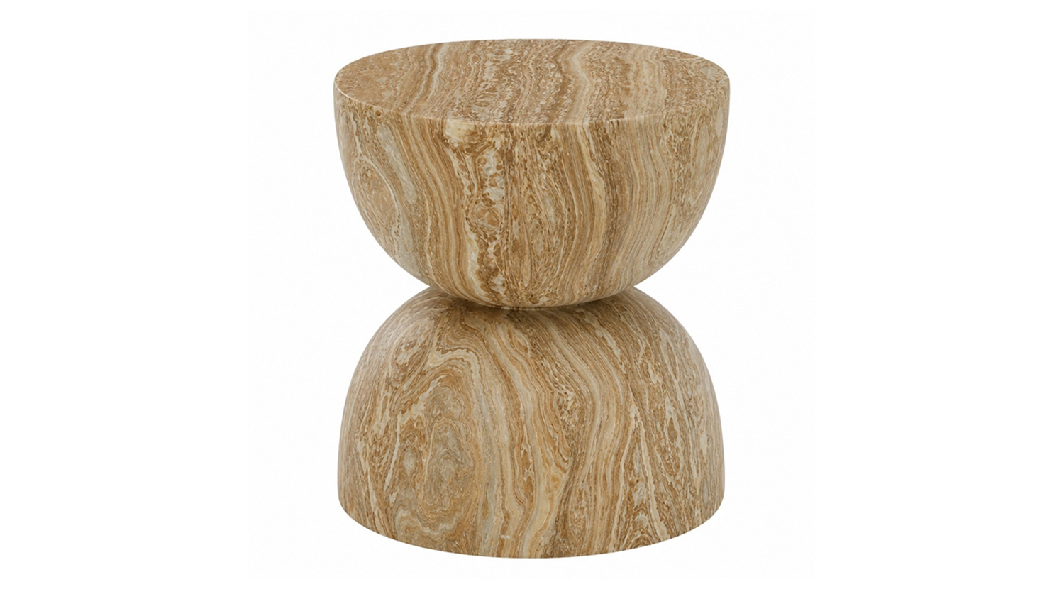 Modern hourglass-shaped Domo Multi Marble MGO side table featuring a swirling beige and brown marble finish