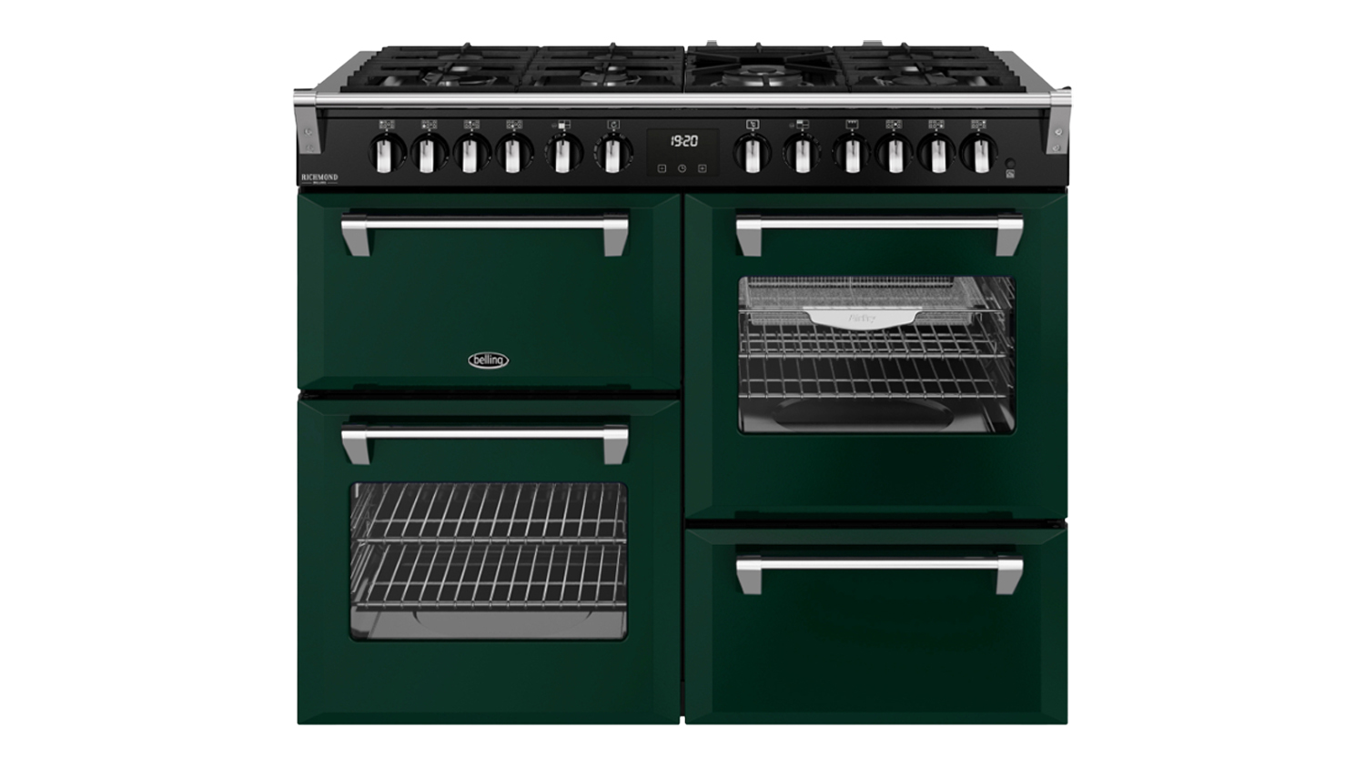 Front view of a British racing green Belling 110cm Freestanding Cooker with black control panel