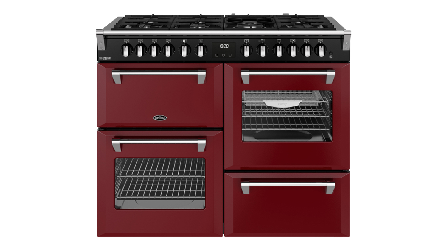 Front view of a garnet red Belling 110cm Freestanding Cooker with black control panel