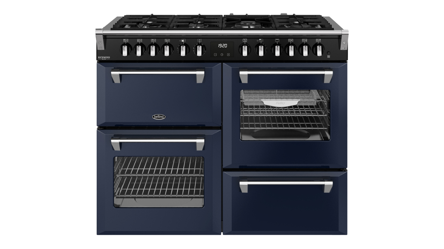 Front view of a midnight blue Belling 110cm Freestanding Cooker with black control panel